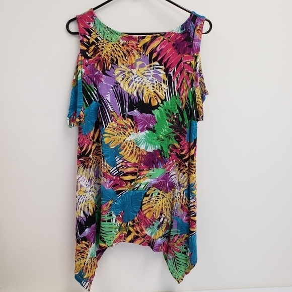 Rafaella Colorful Leaves Cold Shoulder Top Size Large - Picture 2 of 6